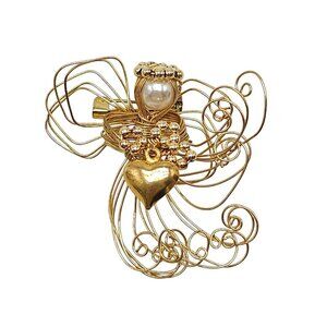 La Bona Angelica Handmade Gold Wire Heart Brooch With Pearl & Beaded Details